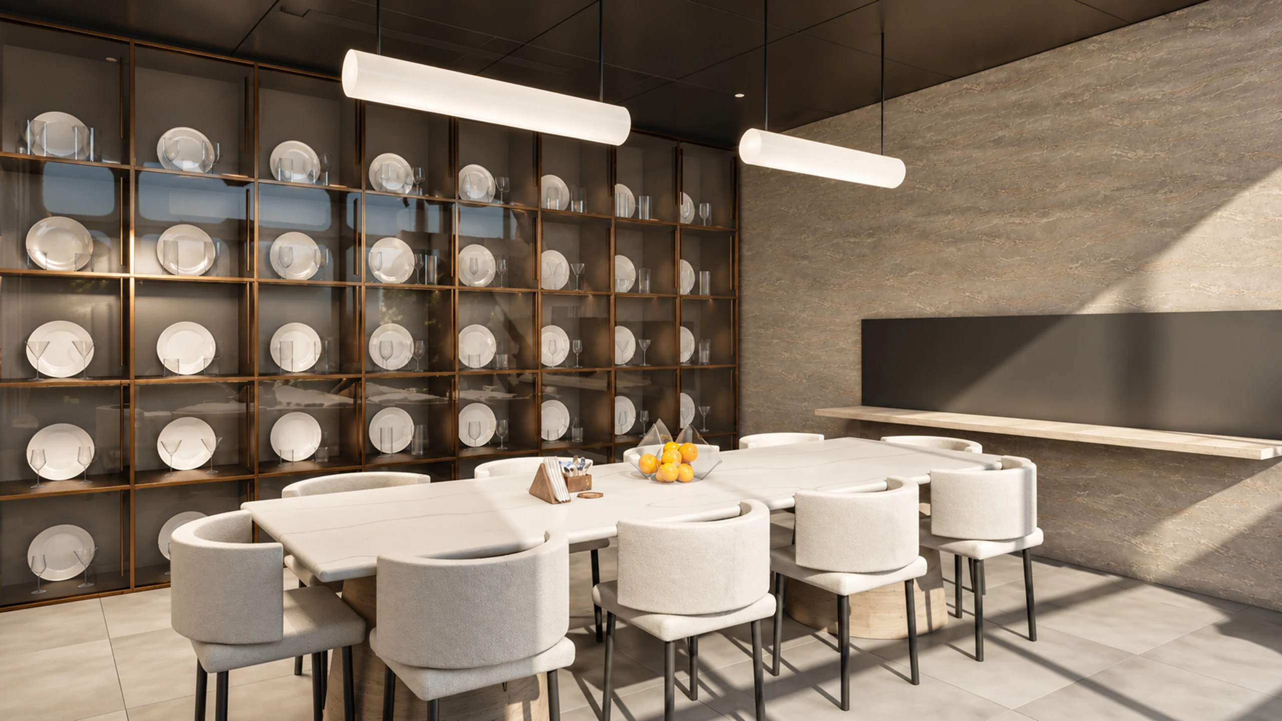 Dining room with glazed display cabinets and pale upholstered chairs