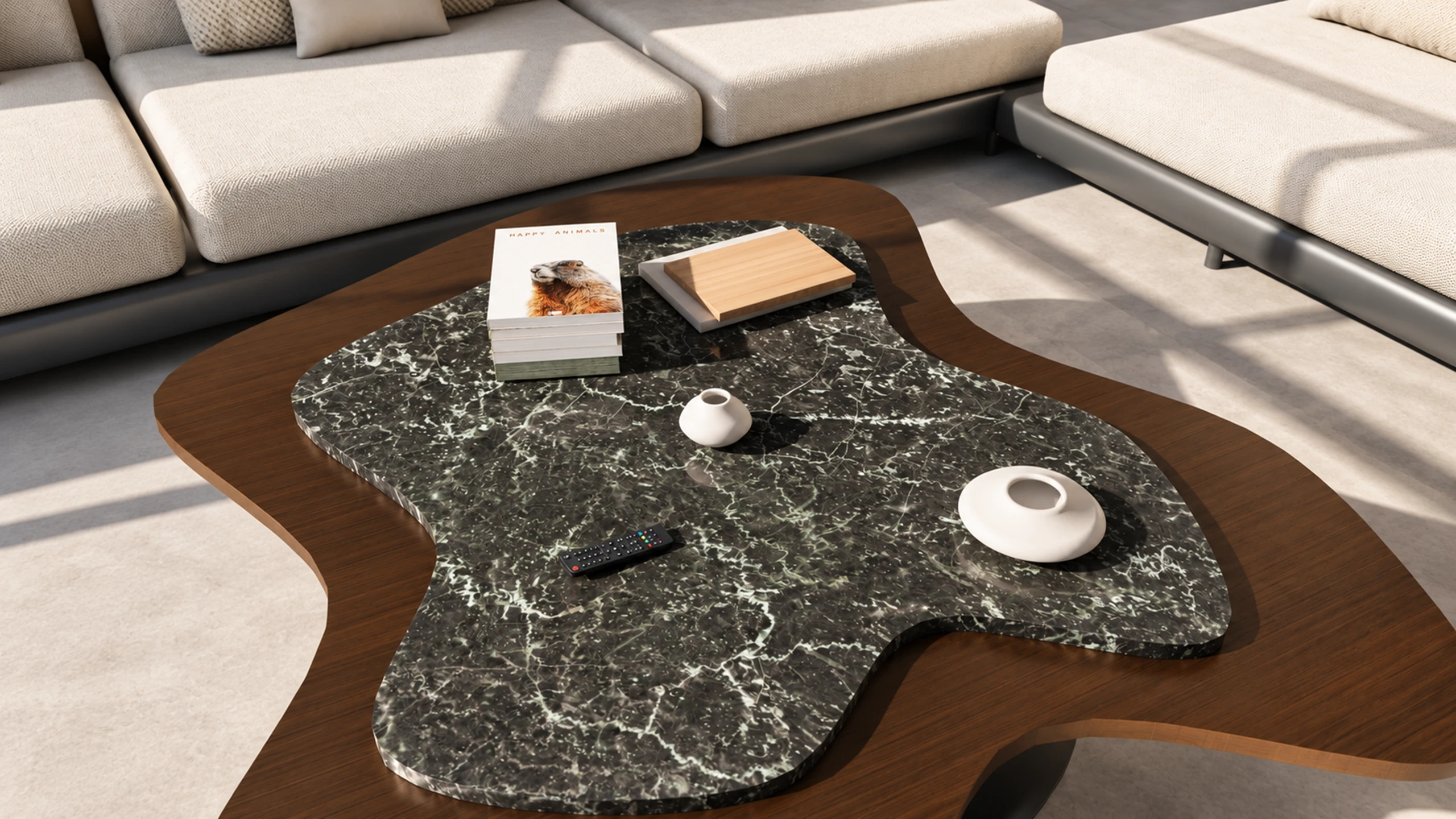 Sculpted timber and dark stone coffee table